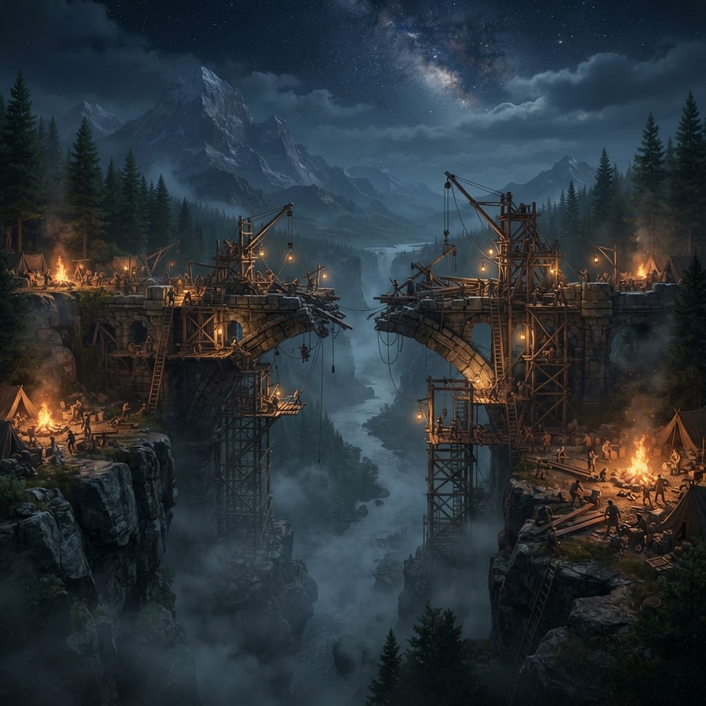 星空下,成百上千的领主提灯合力修复横跨峡谷的巨型石桥