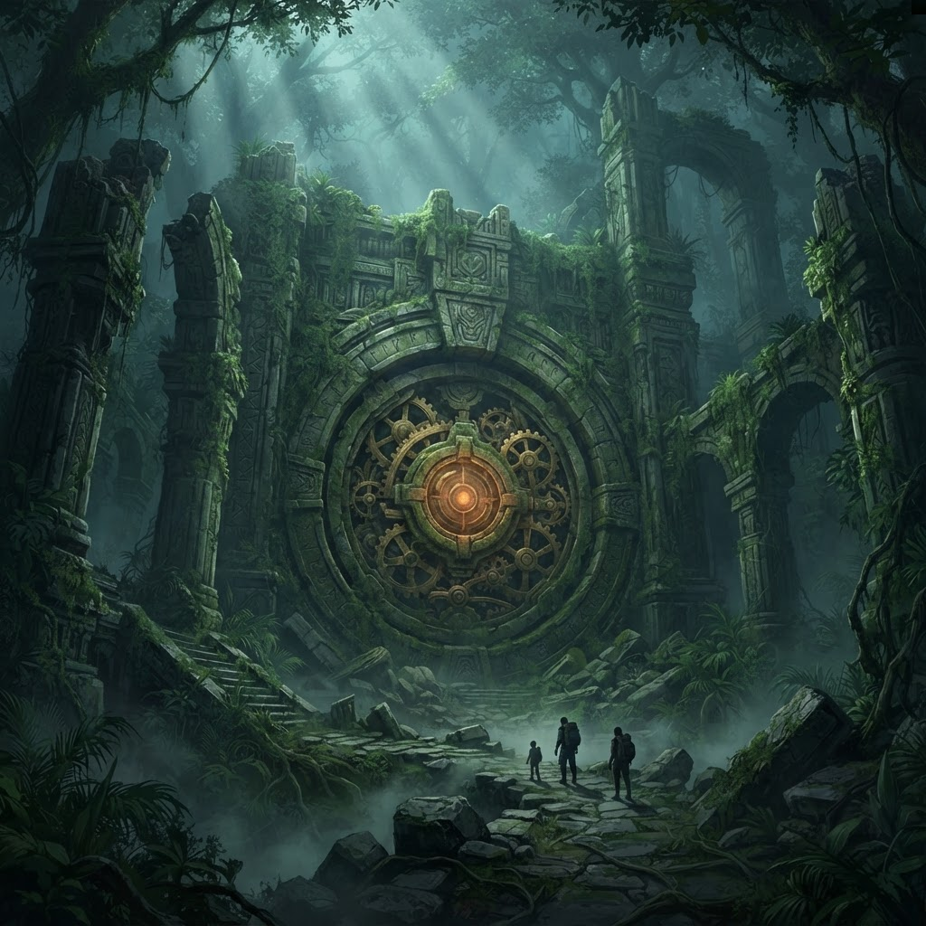 古代遗迹:藤蔓缠绕的巨型圆形石门,中央是黄铜齿轮与琥珀色核心