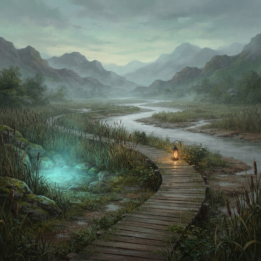 河谷湿地:芦苇与银色河流,雾中泛着微光的灵泉